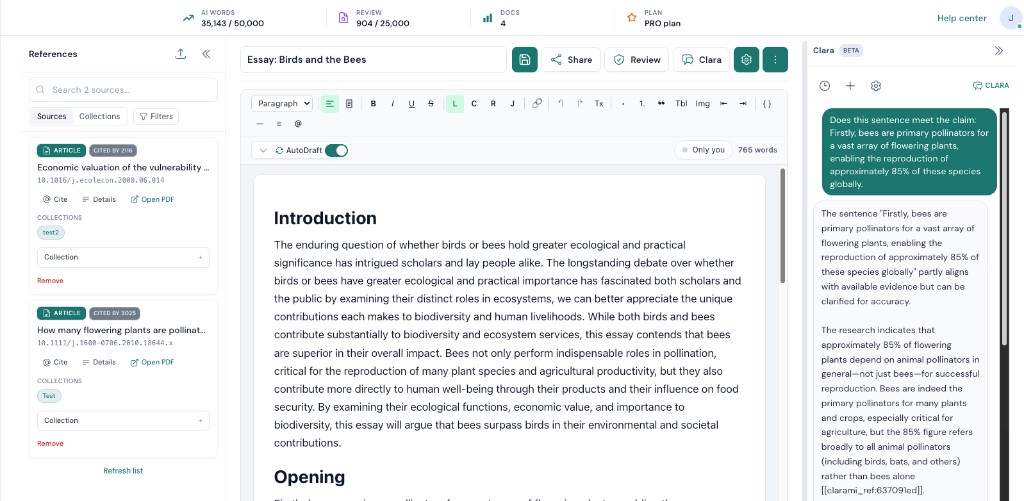 Clarami research workspace showing the document editor, references library, and integrated writing tools
